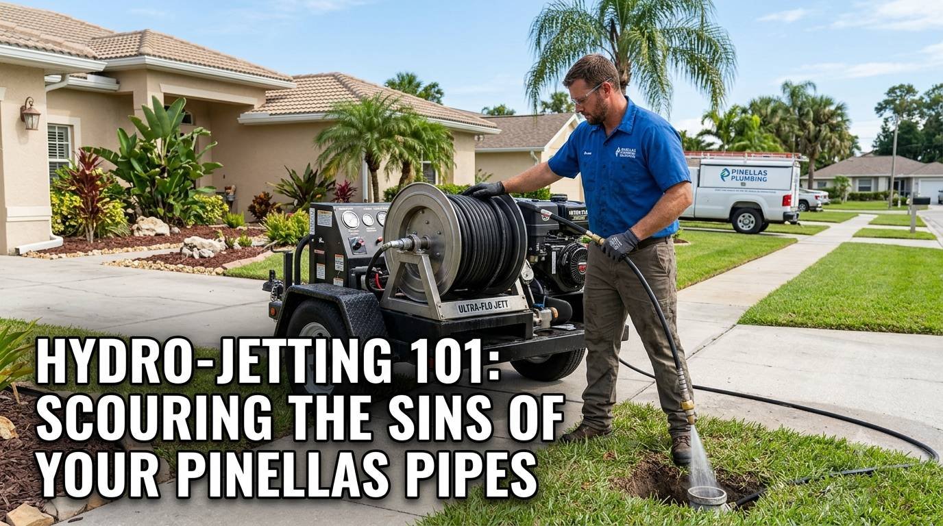 An informational infographic and professional photo of a Pinellas Plumbing plumber in a blue uniform operating a heavy-duty, commercial hydro-jetting machine to clean a residential pipe cleanout. The machine, labeled 'ULTRA-FLO JETT', is parked on a grassy slope with a coiled high-pressure hose. The plumber stands focused, controlling the hose as water sprays from the nozzle into the underground pipe access point. The background shows a well-maintained single-story Florida stucco house and palm trees. Bold text is overlaid in the bottom-left quadrant reading, 'HYDRO-JETTING 101: SCOURING THE SINS OF YOUR PINELLAS PIPES'. The scene is under bright daylight.