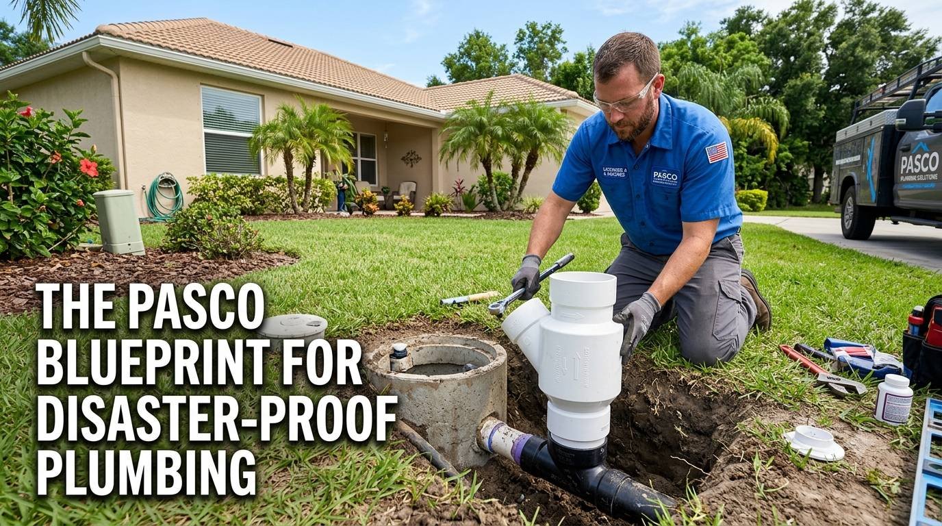 An informational infographic and photo featuring a licensed Pasco Plumbing Solutions plumber in a blue uniform installing a large white PVC sewer backflow prevention check valve in a residential yard excavation in Land O' Lakes, Florida. The image is titled at the top, and includes a detailed text description overlay in the bottom left corner starting, 'THE PASCO BLUEPRINT FOR DISASTER-PROOF PLUMBING'. A callout box in the bottom right provides a detailed visual alternative text, describing the scene with the plumber, equipment, tropical landscaping, and company truck against the background of a single-story stucco house under a blue sky.