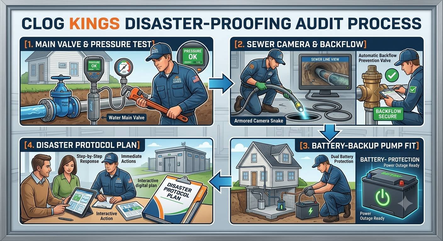 A 4-step flowchart detailing the Clog Kings plumbing audit process for disaster prevention. Step 1 shows a technician testing water main valves and pressure gauges. Step 2 illustrates a sewer camera inspection and backflow valve evaluation. Step 3 demonstrates fitting a battery-backup sump pump system for power outages. Step 4 depicts the plumber delivering a custom Disaster Protocol Plan to homeowners with interactive digital documentation.