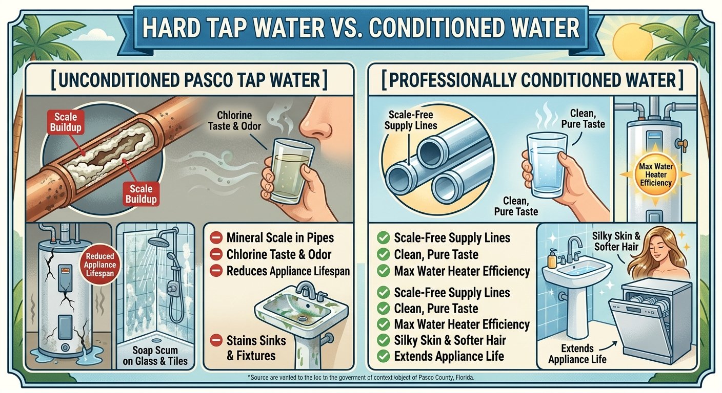A side-by-side comparative graphic titled "Hard Tap Water vs. Conditioned Water." The left panel, labeled "Unconditioned Pasco Tap Water," highlights negative effects including mineral scale buildup inside copper pipes, chlorine taste and odor in drinking water, reduced appliance lifespan shown on a worn water heater, soap scum on shower tiles, and stained sinks. The right panel, labeled "Professionally Conditioned Water," depicts positive benefits including scale-free supply lines, clean-tasting drinking water, maximum water heater efficiency, extended appliance life, clean bathroom fixtures, and silky skin and softer hair.
