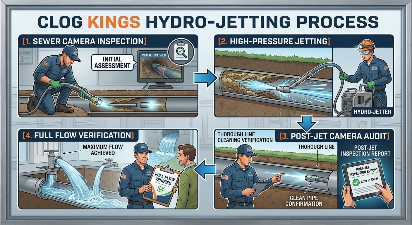 A 4-panel educational flowchart illustrating the step-by-step hydro-jetting process by Clog Kings. Step 1 shows a technician running an illuminated camera probe into a pipe for an initial assessment. Step 2 shows high-pressure water blasting away internal scale and roots using specialized jetting equipment. Step 3 depicts a post-jetting camera audit confirming a completely clear pipe line on a digital tablet. Step 4 shows a smiling technician presenting a 'Full Flow Verified' report to a homeowner alongside a demonstration of restored maximum water flow through the main line.