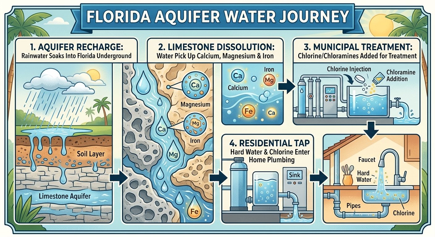 An educational flowchart diagram titled "Florida Aquifer Water Journey" illustrating the four-step process of water movement. Step 1, "Aquifer Recharge," shows rain soaking through soil layers into a limestone aquifer. Step 2, "Limestone Dissolution," depicts water traveling through porous rock while picking up minerals like calcium, magnesium, and iron. Step 3, "Municipal Treatment," displays a facility adding chlorine and chloramines to the water. Step 4, "Residential Tap," shows the hard, treated water flowing through home plumbing fixtures into a sink.