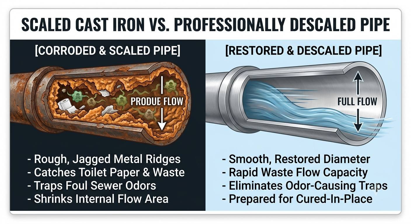 An educational diagram comparing a corroded cast iron sewer pipe to a professionally descaled and restored pipe. The left side shows a cross-section of a heavily blocked, rusty pipe with stagnant waste, listing negative effects like rough ridges, paper snags, foul odors, and reduced flow area. The right side shows a clean, silver pipe with clear water flowing freely, listing benefits including smooth diameter, rapid flow capacity, odor elimination, and being prepared for cured-in-place lining.