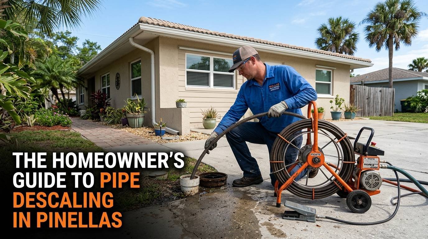 A licensed plumber in a blue uniform and safety gear operating a rotary flexible-shaft descaling machine at an outdoor sewer cleanout outside a Florida residence. Overlaid text in the bottom left corner reads, "The Homeowner’s Guide to Pipe Descaling in Pinellas."