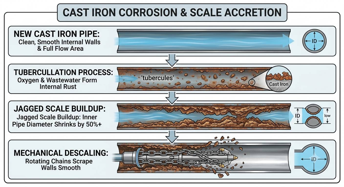 An educational 4-step diagram illustrating cast iron pipe corrosion and restoration. Step 1 shows a new pipe with full flow area. Step 2 shows early tuberculation rust build-up. Step 3 depicts heavy scale restricting flow by over 50 percent. Step 4 demonstrates mechanical descaling with rotating chains scraping the interior walls back to a smooth surface.