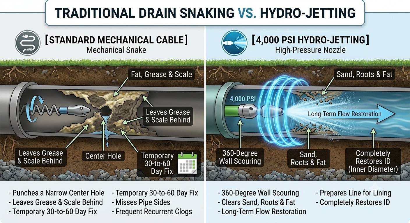 A side-by-side comparative diagram contrasting traditional drain snaking with high-pressure hydro-jetting. The left panel, titled 'STANDARD MECHANICAL CABLE', shows a mechanical snake punching a narrow center hole through heavy build-up, leaving grease and scale behind for a temporary fix. The right panel, titled '4,000 PSI HYDRO-JETTING', illustrates a high-pressure nozzle performing 360-degree wall scouring, completely flushing out sand, roots, and fat to restore full inner pipe diameter and provide long-term flow restoration. Bulleted features summarizing each method are listed below both cutaway pipe illustrations.