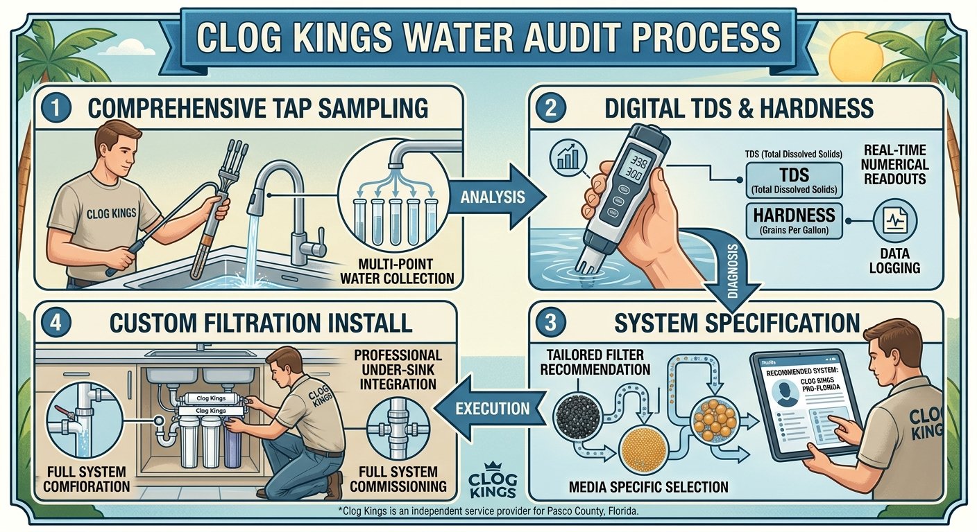 An educational 4-step flowchart graphic titled "Clog Kings Water Audit Process." Step 1, "Comprehensive Tap Sampling," shows a technician collecting water samples from a kitchen faucet into test tubes. Step 2, "Digital TDS & Hardness," features a technician using a digital testing meter to measure total dissolved solids and hardness levels. Step 3, "System Specification," depicts a technician selecting tailored filter media and reviewing custom system recommendations on a digital tablet. Step 4, "Custom Filtration Install," shows the technician installing a multi-stage under-sink filtration system into home plumbing.