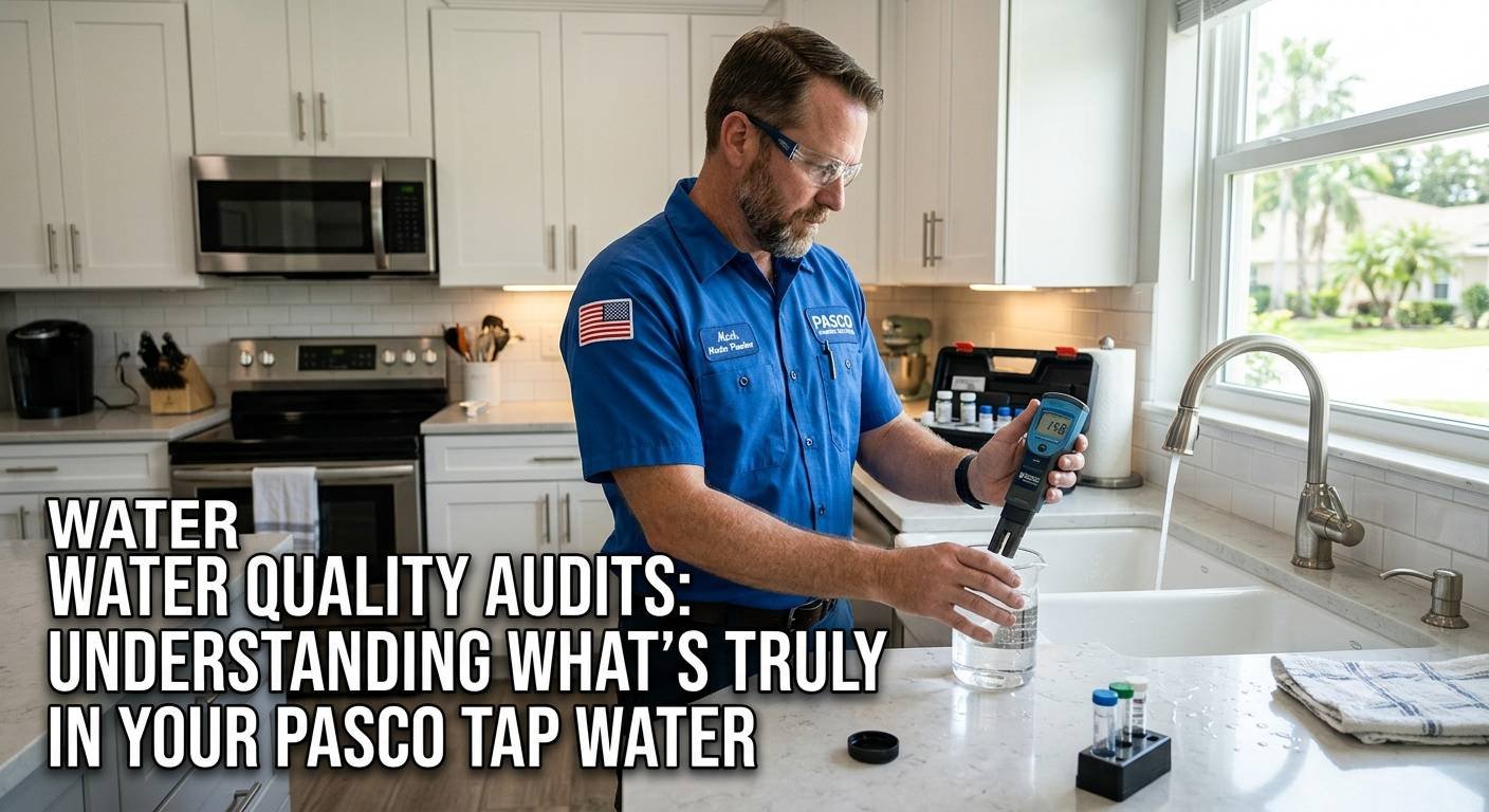 A professional photo and graphic featured image showing a licensed plumber in a blue uniform testing water quality in a bright modern kitchen in Land O' Lakes, Florida. The plumber wears safety glasses and uses a digital testing meter inside a glass beaker filled with tap water beside a running sink. A water testing kit with vials sits on the quartz countertop. Bold graphic text in the lower-left corner reads, 'WATER QUALITY AUDITS: UNDERSTANDING WHAT’S TRULY IN YOUR PASCO TAP WATER'.