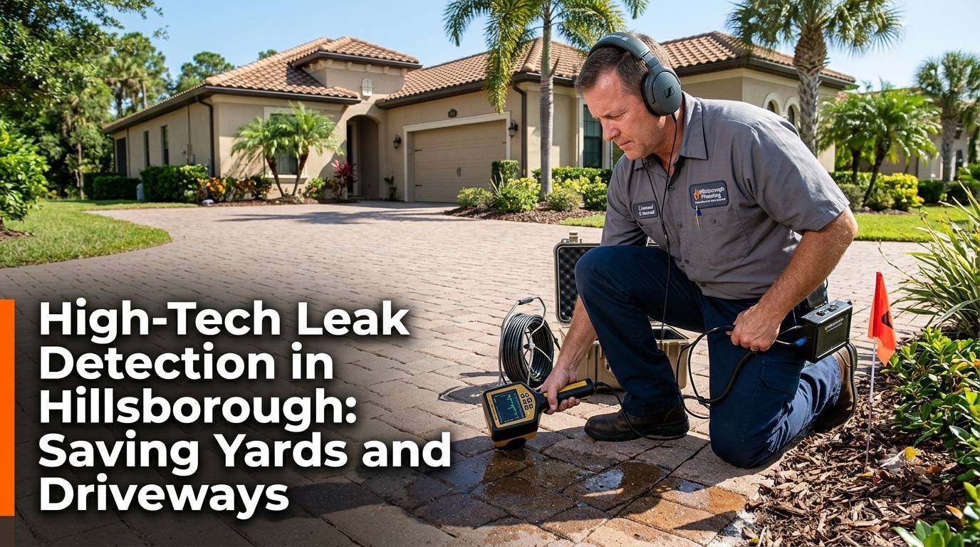 A male plumber in a grey work uniform and dark cargo pants kneels on a brick paver driveway, using a digital leak detection device with headphones. Behind him is a large Mediterranean-style stucco house under a clear sky with palm trees. Bold text in the lower-left corner reads, "High-Tech Leak Detection in Hillsborough: Saving Yards and Driveways." A small red flag marks a spot on the edge of the lawn.