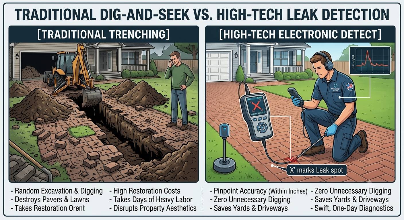 A side-by-side comparison diagram contrasting traditional pipe trenching with high-tech electronic leak detection. The left panel shows a destroyed paver driveway with a deep, messy trench, heavy machinery, and high restoration costs. The right panel displays a technician using precise acoustic listening equipment to pinpoint a leak location within inches, leaving the pristine paver driveway intact and avoiding destructive digging.