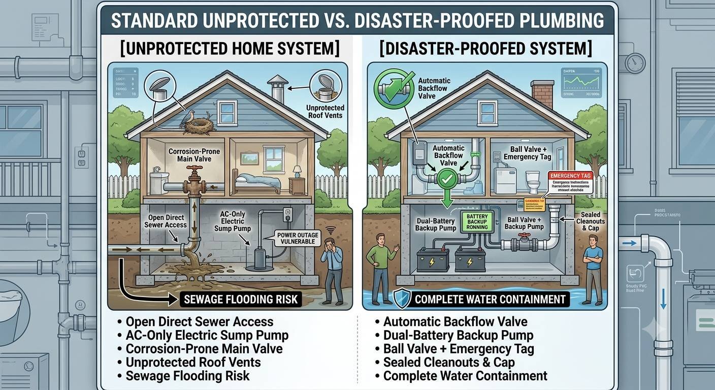 A detailed infographic and cutaway diagram comparing an unprotected residential plumbing system with a disaster-proofed one. The left side, titled 'UNPROTECTED HOME SYSTEM', highlights vulnerabilities such as a corrosion-prone main valve, open sewer access, unprotected roof vents, and an AC-only sump pump that is vulnerable to power outages, resulting in a 'SEWAGE FLOODING RISK'. The right side, titled 'DISASTER-PROOFED SYSTEM', illustrates the same house with key upgrades including an automatic backflow valve, a dual-battery backup pump, emergency tags on ball valves, and sealed cleanouts, ensuring 'COMPLETE WATER CONTAINMENT' and security. Detailed features for each system are listed below the diagrams.