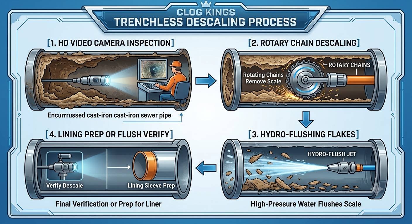 A 4-step flowchart illustrating the Clog Kings trenchless pipe descaling process. Step 1 shows an HD video camera inspecting an encrusted cast-iron pipe. Step 2 illustrates rotary chains scraping scale off the inner pipe walls. Step 3 shows high-pressure hydro-flushing washing away scraped rust flakes. Step 4 displays final camera verification and preparation for CIPP lining sleeve installation.