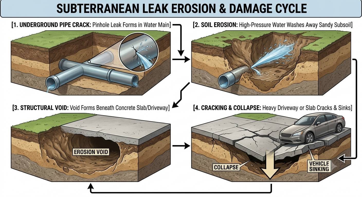 A 4-panel educational diagram illustrating how an underground pipe leak causes structural collapse. Step 1 shows a pinhole leak forming in an underground water main. Step 2 shows escaping high-pressure water washing away the surrounding subsoil. Step 3 illustrates a large structural void forming beneath a concrete driveway slab. Step 4 demonstrates the final stage where the concrete cracks and sinks into the underground void.